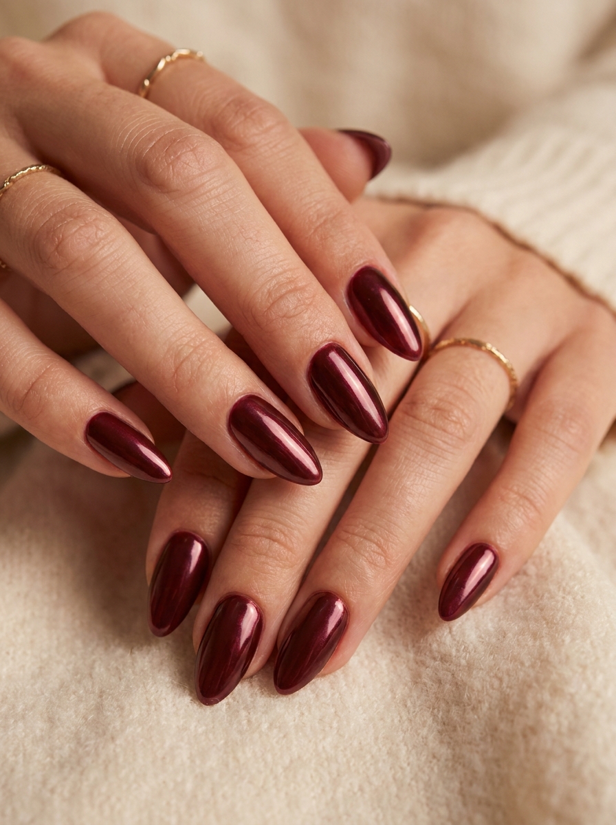 Bordeaux Chrome Nägel mit tiefem weinrotem Schimmer